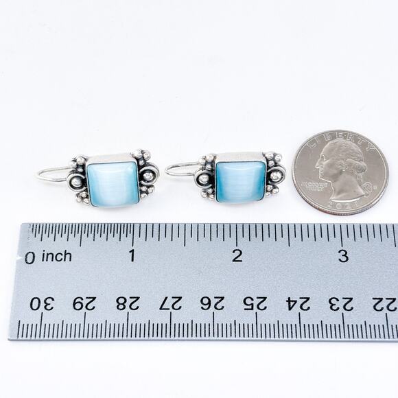 Vintage ATI Mexico Sterling Silver 925 Blue Cat’s Eye Drop Earrings - Picture 6 of 6